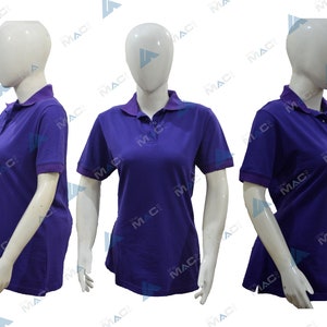 May include: Three mannequins are wearing purple polo shirts with short sleeves. The shirts have a collared neckline and a button closure.
