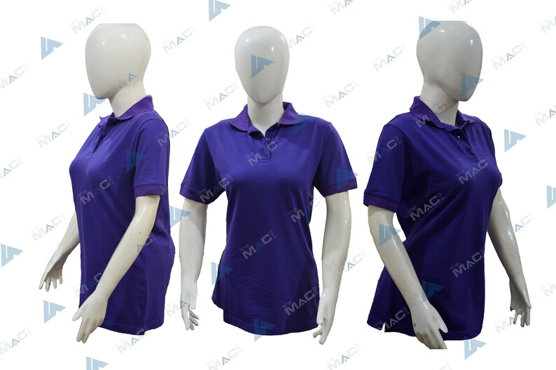 May include: Three mannequins are wearing purple polo shirts with short sleeves. The shirts have a collared neckline and a button closure.