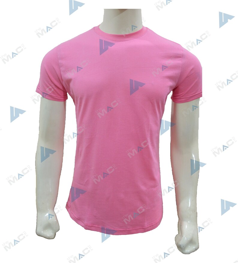 May include: A plain pink crew neck t-shirt. The short-sleeved top is presented on a white mannequin. The fabric of the shirt looks to be a soft, lightweight material. The overall style is casual and simple.
