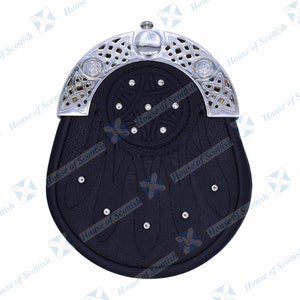 Men&#39;s Scottish Dress Black Leather Studded Leaves GOTHIC KILT SPORRAN with Celtic Chrome Arch/Cantle & Chain Belt | Gothic Clothing Sporran