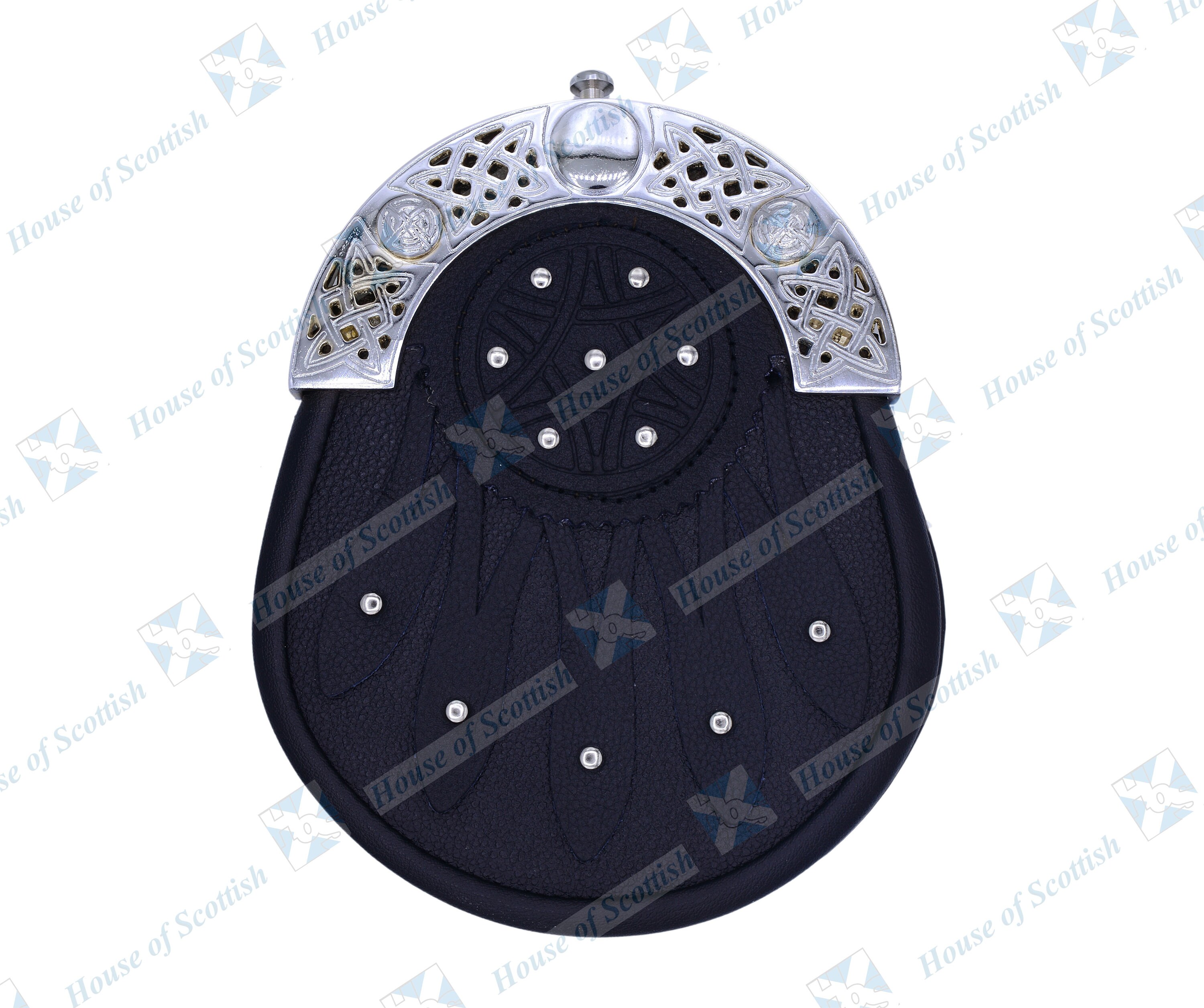 Men's Scottish Dress Black Leather Studded Leaves GOTHIC KILT SPORRAN with Celtic Chrome Arch/Cantle & Chain Belt | Gothic Clothing Sporran