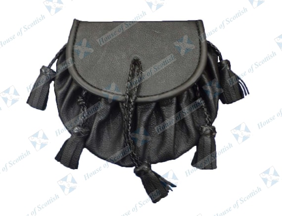 Men's Scottish Black Leather ROB ROY SPORRAN | Jacobite Kilt Sporran with Five Lace Tassels and Chain Belt | Pirates Pouch | Gothic Sporran