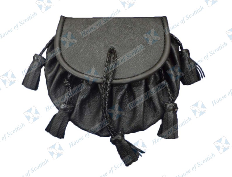 Skotskt svart läder för män ROB ROY SPORRAN | Jacobite Kilt Sporran med fem spets tofsar och kedjebälte | Pirates Pouch | Gotisk Sporran bild 1