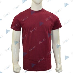 May include: A plain maroon crew neck t-shirt. The short-sleeved shirt is displayed on a white mannequin. The text "the MAC" is printed repeatedly on the shirt. The shirt is made of a soft, comfortable material.