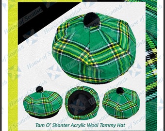 Tartan vert irlandais écossais TAM O' SHANTER Chapeau Bonnet Béret Balmoral Scottish Tammy Hat IGTH-016