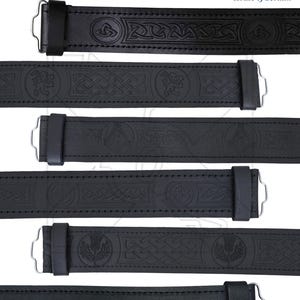 May include: Six black leather belts with embossed Celtic knot designs. The belts have a buckle and are all the same width. The belts are arranged in a vertical stack.