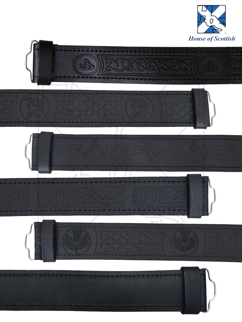 May include: Six black leather belts with embossed Celtic knot designs. The belts have a buckle and are all the same width. The belts are arranged in a vertical stack.