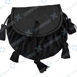 Skotskt svart läder för män ROB ROY SPORRAN | Jacobite Kilt Sporran med fem spets tofsar och kedjebälte | Pirates Pouch | Gotisk Sporran bild 3