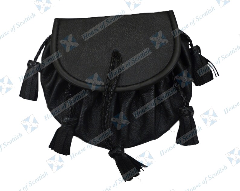 Skotskt svart läder för män ROB ROY SPORRAN | Jacobite Kilt Sporran med fem spets tofsar och kedjebälte | Pirates Pouch | Gotisk Sporran bild 3