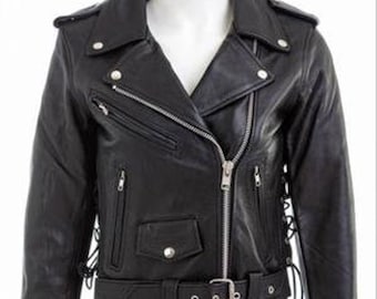 Classic Black Leather Motorcycle Jacket for women – Vintage Biker Style with Belt, Zippers & Side Lacing – Punk Rock Moto Coat