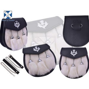 Semi-Dress Sporran – Premium White Rabbit Fur with Thistle Badge | Traditional Scottish Highland Wear