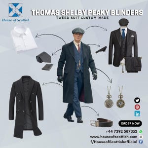 Thomas Shelby Peaky Blinders Complete Outfit – Classic 1920s Vintage Ensemble | 3-Piece Suit, Long Coat, Shirt, Tie, Cap, Pocket Watch