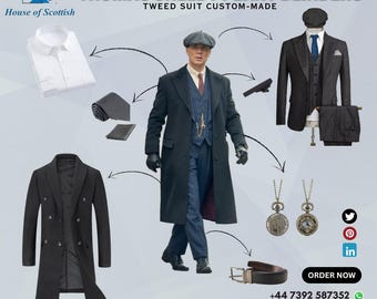 Thomas Shelby Peaky Blinders Completo - Classico Vintage Ensemble anni '20 / Completo da 3 pezzi, cappotto lungo, camicia, cravatta, berretto, orologio da tasca