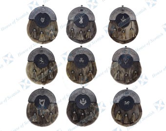 Sporran escocés de vestir para hombre, de piel de animal con arco/cantle de acabado antiguo, tres borlas rematadas, esporran para falda escocesa con cinturón de cadena