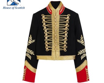 May include: Black cropped jacket with gold embellishments, red accents, and gold embroidery. The jacket features a high collar and decorative gold buttons. The House of Scottish logo is in the upper left corner.