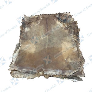 May include: A stack of brown leather hides, likely for crafting or making leather goods.