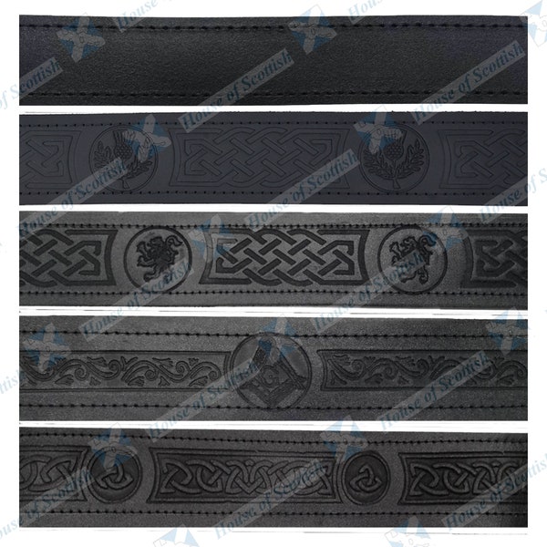 Ceinture kilt écossaise noire en cuir véritable | Ceinture kilt en cuir véritable à taille réglable, motifs unis et en relief