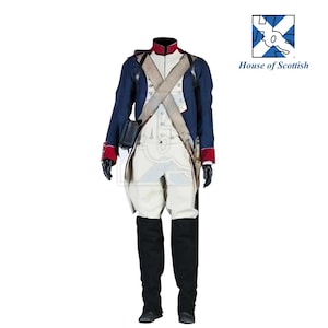 May include: A historical military uniform, featuring a navy blue jacket with red cuffs and collar, white breeches, and black boots. The outfit includes a white cross-strap, a black pouch, and black gloves. The House of Scottish logo is in the upper right corner.