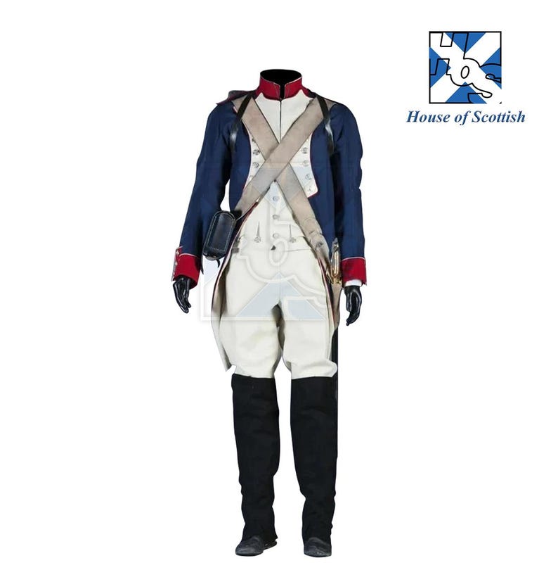 May include: A historical military uniform, featuring a navy blue jacket with red cuffs and collar, white breeches, and black boots. The outfit includes a white cross-strap, a black pouch, and black gloves. The House of Scottish logo is in the upper right corner.