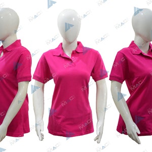 May include: A pink polo shirt with a button-down collar and short sleeves.