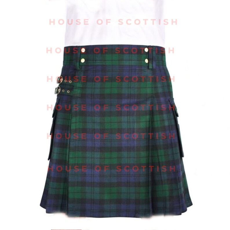 May include: A green and blue tartan kilt with a black leather strap and buckle. The kilt has two pockets on the sides and a waistband with buttons.