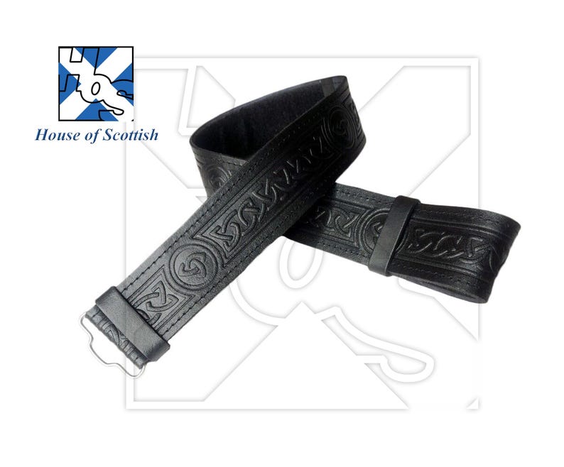May include: Black leather belt with a Celtic knot design. The belt is 1.5 inches wide and has a buckle.