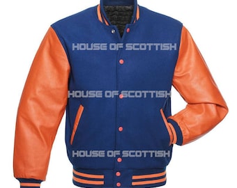 Unisex snygg baseboll Varsity American Letterman-jacka / American College University-jacka Kungsblå Body Orange Ärmar