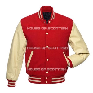 Unisex Stylish Baseball Varsity American Letterman Jacket / American College University Jacket Red Body Cream Sleeves