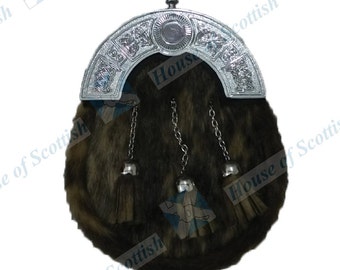 VESTIDO escocés para hombre SPORRAN Chrome Arch/Cantle Diseño celta, Kilt Sporran con tres borlas rematadas y cinturón de cadena