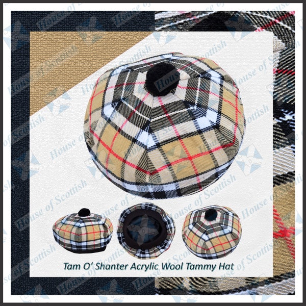 Scottish Thomson Camel Tartan Tam O' Shanter Hat Tartan Tammy Bonnet Beret Balmoral Scottish Tammy Hat. CTTH-002 Camel Thomson