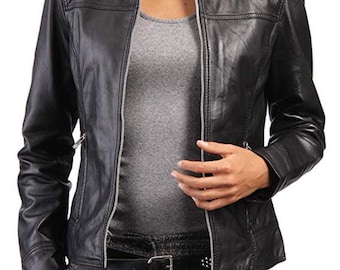 Svart läderjacka för dam – Slim fit bikerjacka – Moto Zip Front Ytterkläder i äkta läder för dam