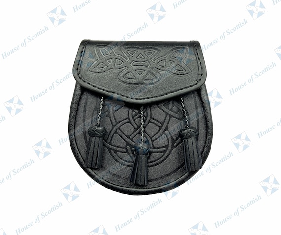 Sporran Escocés De Cuero Negro Con Relieve Doble - Estilo Día, Ideal Para Kilt, Para Hombres Y Niños
