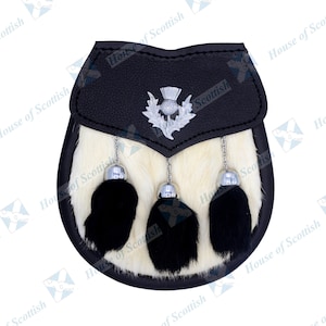 Scottish Semi Dress Kilt Sporran Black Chrome Leather with White Rabbit Fur, Three Capped Black Fur Tassels with Chain Belt