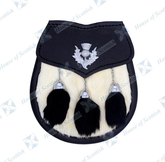 Premium Fatto A Mano - Grigio E Nero Coniglio Pelliccia Semi Abito Scozzese SPORRAN - Celtic Sporran E Cintura Catena - Kilt Sporran - Italia - Foto 2