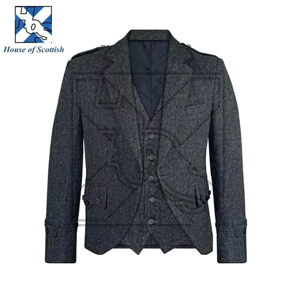 Scottish Argyle Kilt Jacket With Button Waistcoat Charcoal