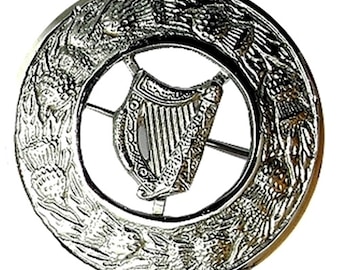 Scottish Irish Harp kilt Fly Plaid Brooch Brass Antique Finish, Thistle Rolling Pattern