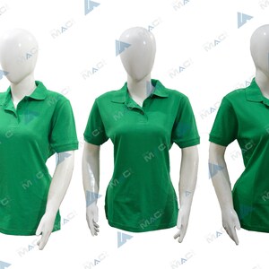 May include: Three mannequins wearing green polo shirts. The shirts have a short sleeve and a collared neckline.