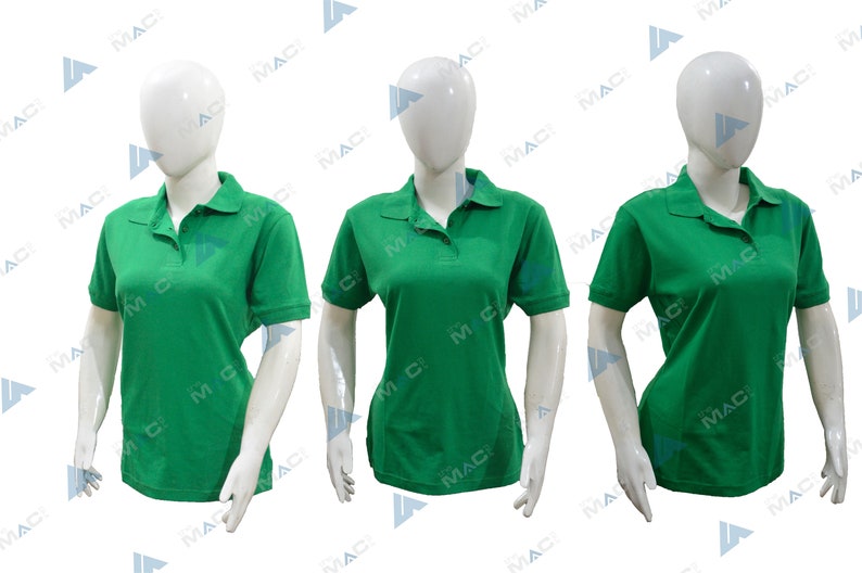 May include: Three mannequins wearing green polo shirts. The shirts have a short sleeve and a collared neckline.