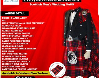 21 Pcs | Scottish Prince CHARLIE Jacket, Vest and KILT OUTFIT Ultimate Set | Men&#39;s Wedding Outfit By House Of Scottish