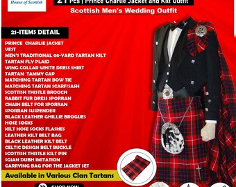 21 Pcs | Scottish Prince CHARLIE Jacket, Vest and KILT OUTFIT Ultimate Set | Men's Wedding Outfit By House Of Scottish