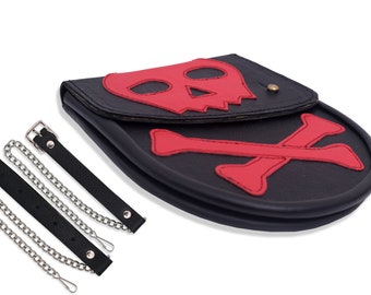 Men’s Scottish Black Chrome LEATHER GOTHIC SPORRAN with Skull and Bones | Gothic Clothing Sporran with Chain Belt | Day Sporran