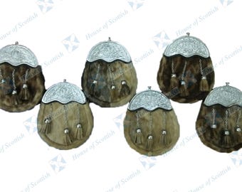 Sporran escocés de vestir para hombre con acabado cromado, diseño celta con arco/cantle / Sporran de Kilt con tres borlas rematadas y cinturón de cadena