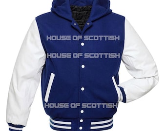 Unisex Stylish Hoodie Baseball Varsity American Letterman Jacket / American College University Jacket Royal Blue Body White Sleeves