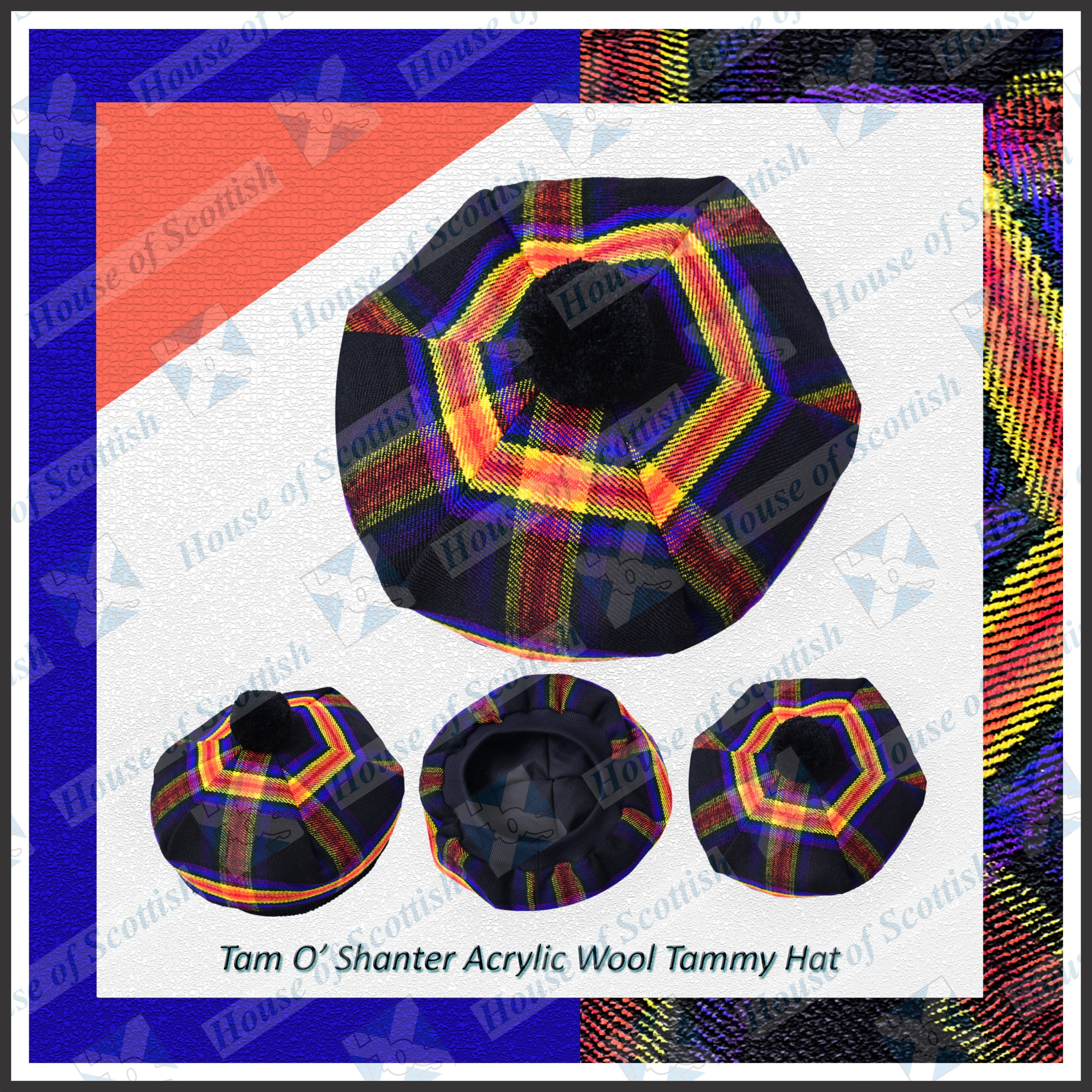 Scottish Rainbow Pride Tartan Tam O' Shanter Hat Bonnet Beret Balmoral Scottish Tammy Hat RBTH-038, Rain Bow Pride
