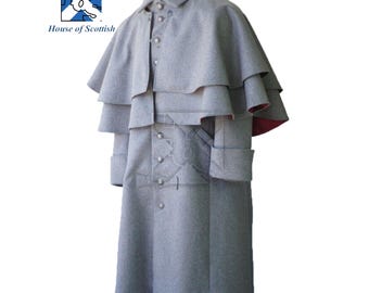 Victorian Garrick Coat – Multi-Cape Overcoat – Sherlock Holmes Style Inverness Cloak – Gothic Steampunk Long Coat