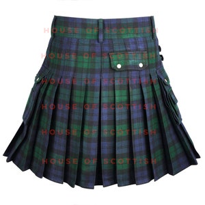 May include: A black, green and blue tartan kilt with multiple pockets. The kilt is pleated and has a belt.