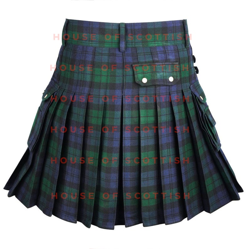 May include: A black, green and blue tartan kilt with multiple pockets. The kilt is pleated and has a belt.