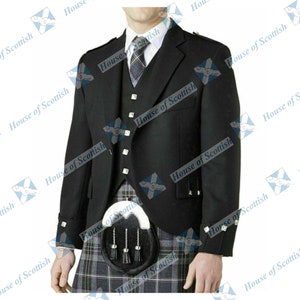 May include: A black kilt with a matching black jacket and waistcoat. The kilt has a white sporran and a black kilt pin. The jacket has silver buttons and a black tie.