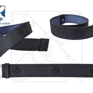May include: Black leather kilt belt with a Celtic knot and thistle design. The belt is 1.5 inches wide and has a buckle.