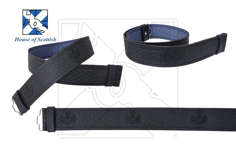 May include: Black leather kilt belt with a Celtic knot and thistle design. The belt is 1.5 inches wide and has a buckle.